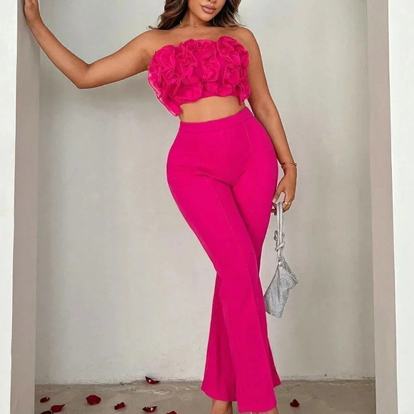 Pink Casual Womens Pleated Ruffle Strapless Red Pink Bandeau Top And Flare Pants - Picture 1 of 5